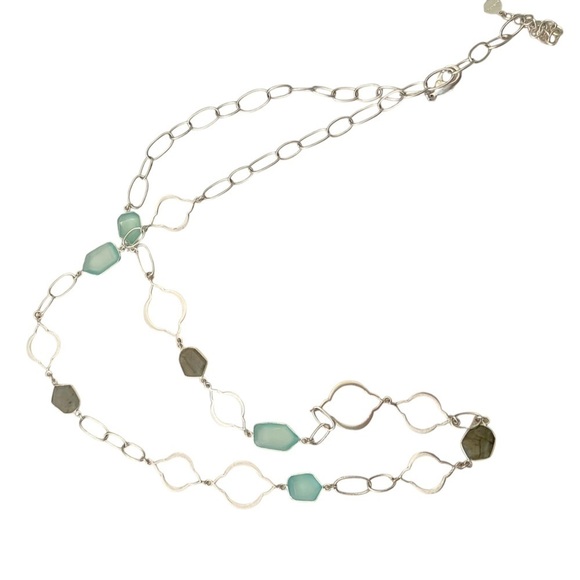 Stella & Dot sterling silver Arabesque link aqua & laborite long chain necklace - Picture 3 of 11